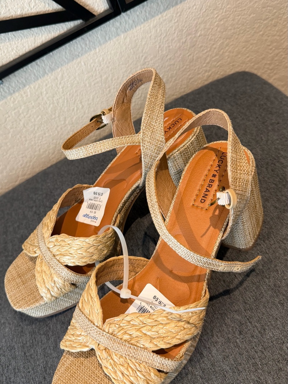 Lucky Brand Beige Woven Ankle Strap Wedge Sandals